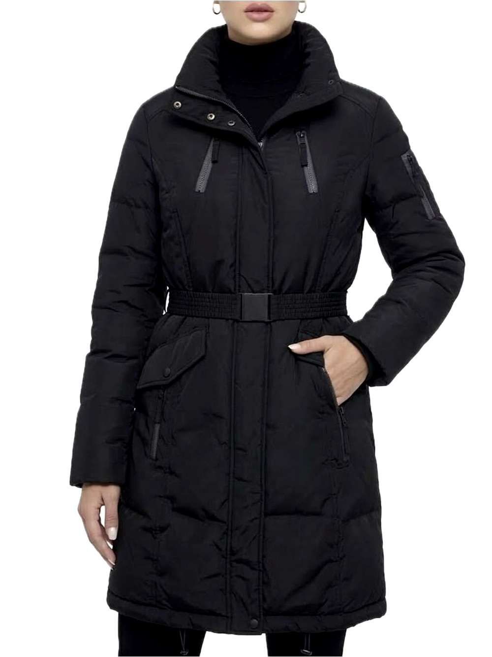 Marc New York Andrew Marc Womens Black Down Parka Size Small Long Belted Coat